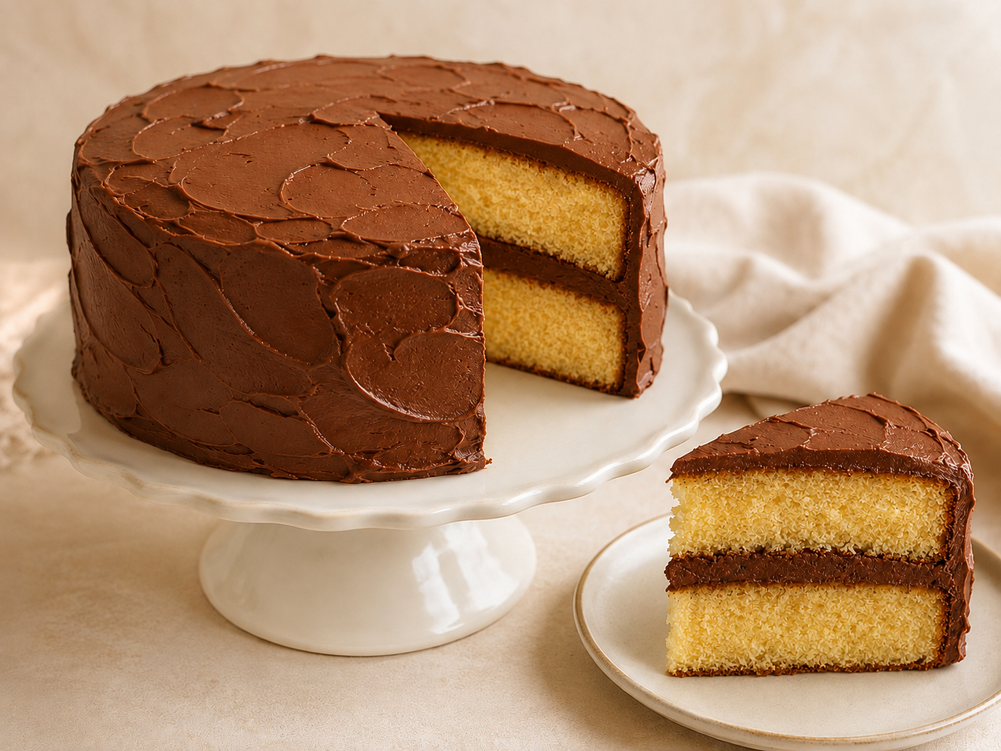 Chocolate Layer Cake with a slice showing golden-yellow cake layers