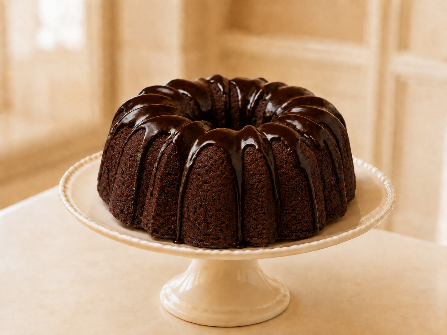 Chocolate Pound Cake with Chocolate Ganache on an elegant cake stand