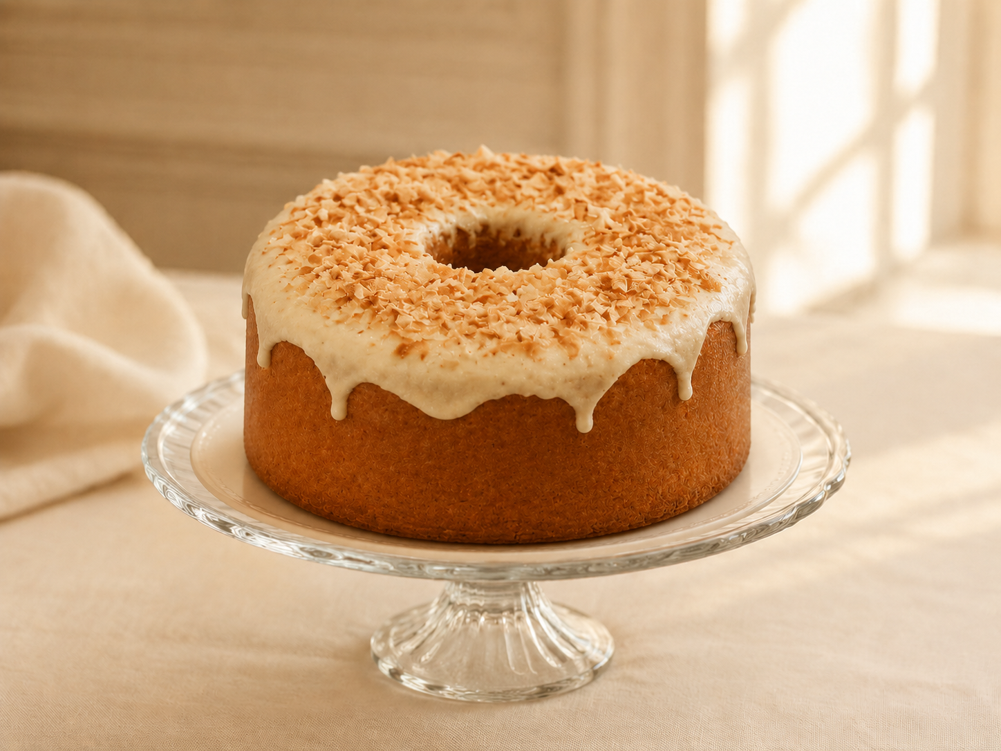 Coconut Cream Pound Cake with coconut glaze and toasted coconut on an elegant cake stand