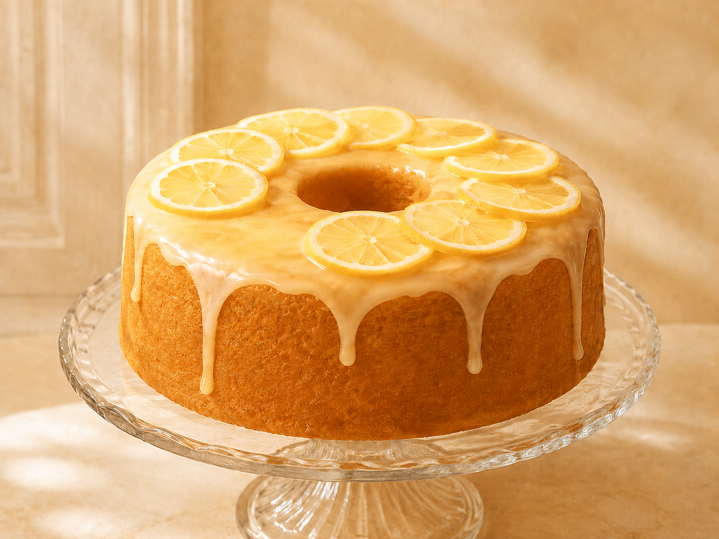 Lemon Pound Cake with lemon glaze and sliced lemons on an elegant cake stand