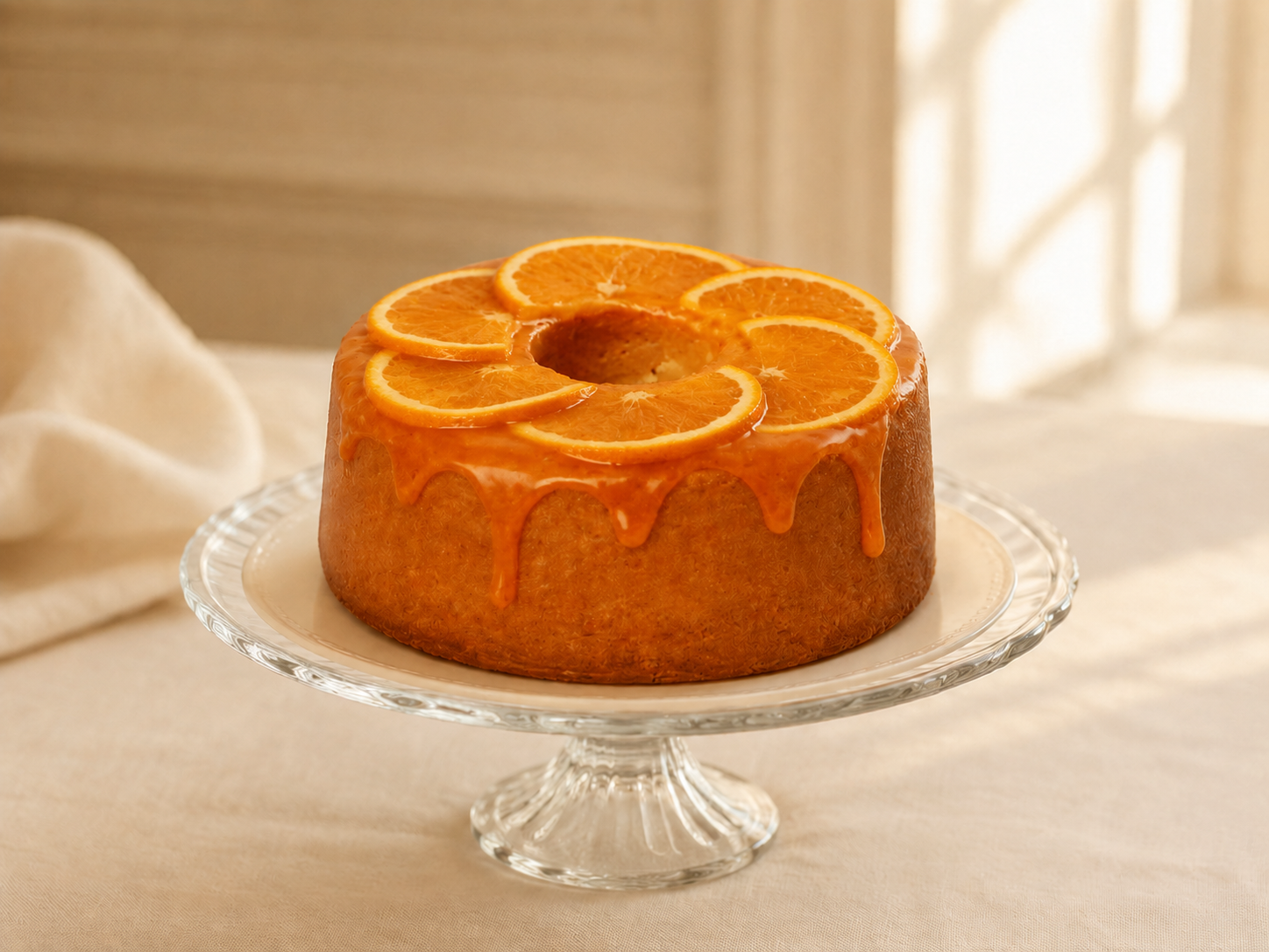 Orange Pound Cake with orange flavored glaze and sliced oranges on an elegant cake stand