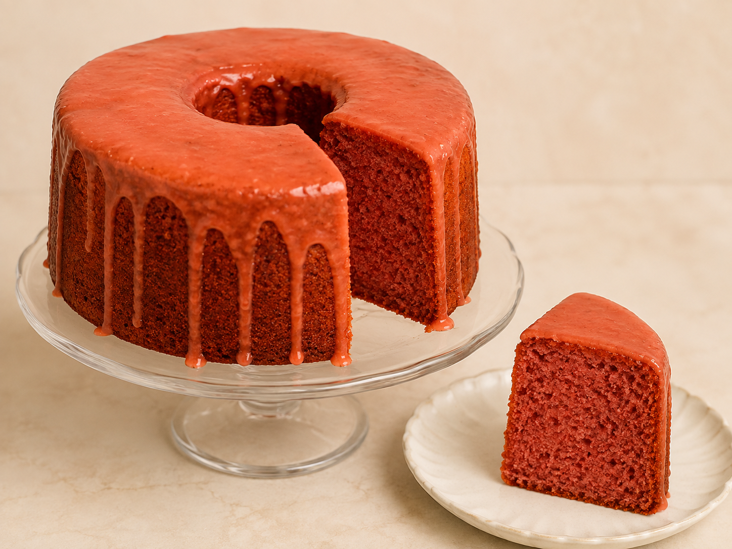 Organic Strawberry Pound Cake with strawberry glaze and a slice showing the red strawberry interior