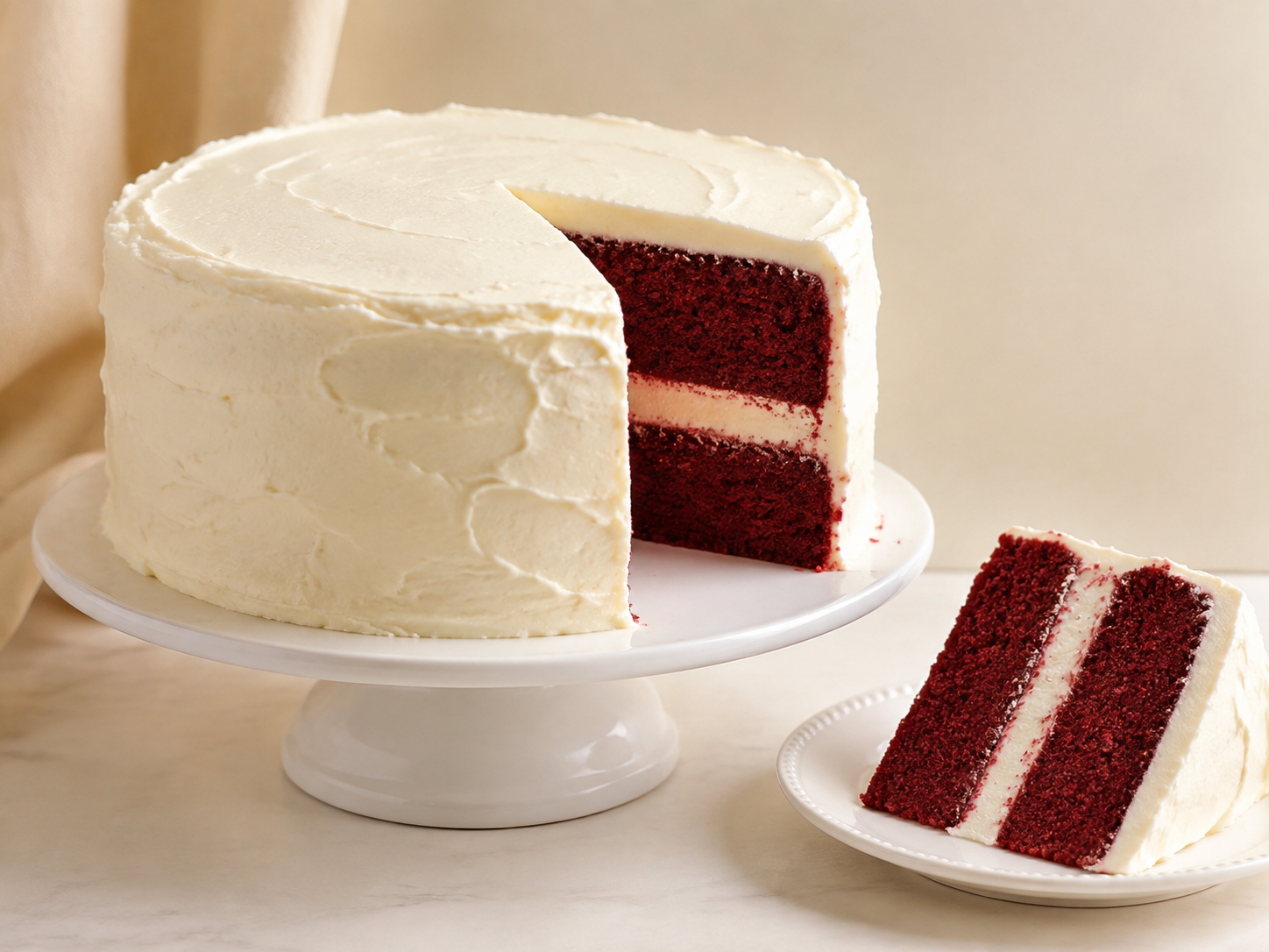 Red Velvet Layer Cake with cream cheese frosting and a slice showing deep red layers